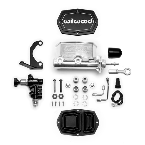 Wilwood Master Cylinder, Tandem, w/RH Bracket and Valve (Mustang), 1.00 in. Bore, Tandem Outlet, Alum, Media Burnished, 12.32 in. Length, Kit