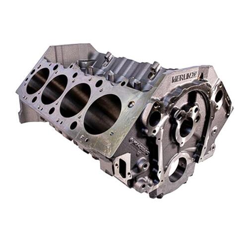 World Engine Bare Block, Cast Iron, Merlin IV BB Chev Iron Block - Gen VI Compatible, 9.800" Deck, 4.245" Bore, Nodular Caps, Std. Cam, Std. Lifters.