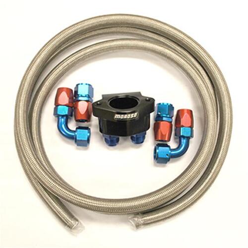 World Water Return Kit, Remote Mount, Motown II Block, Billet Aluminum, Black Anodized, -12 AN Stainless Braided Hose, For Chevrolet, LS, Kit