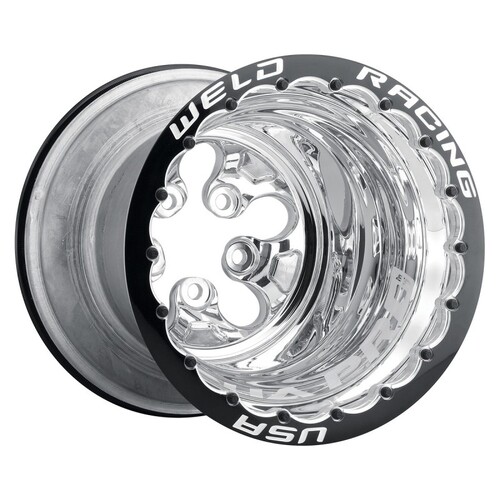 Weld Wheel, Alpha-1 Polished, 15x10 Size, 5x4.50 Bolt Pattern, 3 in. Back Space, Polished Center, Black Ring, DBL, Each