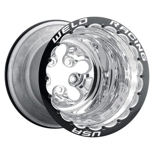 Weld Wheel, Alpha-1 Polished, 15x10 Size, 5x4.75 Bolt Pattern, 4 in. Back Space, Polished Center, Black Ring, SBL, Each