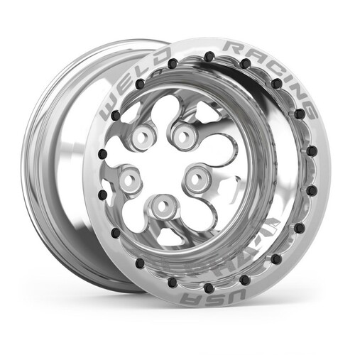 WELD Wheel, Drag Rear, Alpha-1, 15x14 Size, 5x4.75 Bolt Pattern, 4 Backspace, Polished Center, Polished Shell, Each