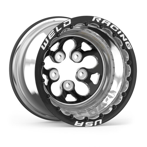 WELD Wheel, Drag Rear, Alpha-1 Pro, 15x15 Size, 5x4.75 Bolt Pattern, 1 Backspace, Black Center, Polished Shell, Each