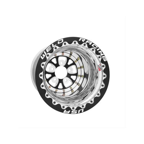 WELD Wheel, Drag Rear, V-Series, 15x10 Size, 5x4.75 Bolt Pattern, 4 Backspace, Black Center, Polished Shell, Each