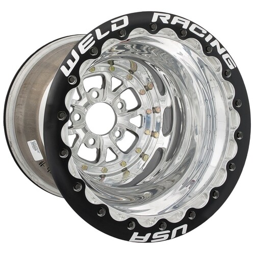 WELD Wheel, V-Series, 15x8 Size, 5X4.75 Bolt Pattern, 3 Backspace, Polished Center, Polished Shell, Black DBL MT, Each