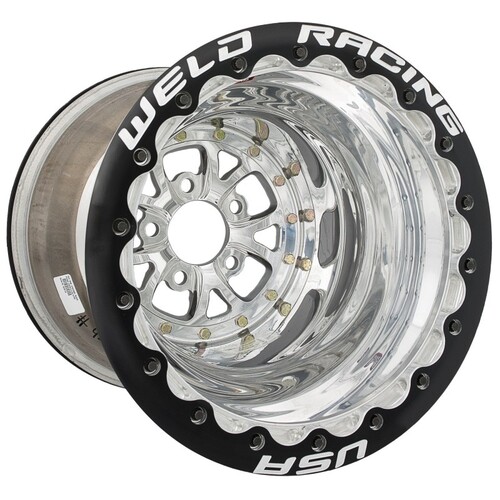 WELD Wheel, V-Series, 15x9 Size, 5X4.5 Bolt Pattern, 3 Backspace, Polished Center, Polished Shell, Black DBL MT, Each