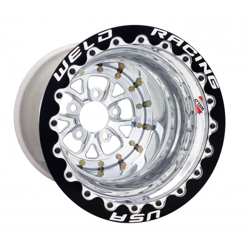 WELD Wheel, V-Series, 15x10 Size, 5x4.75 Bolt Pattern, 3 in. Backspace, Polished Center, Polished Shell, Black DBL, Each