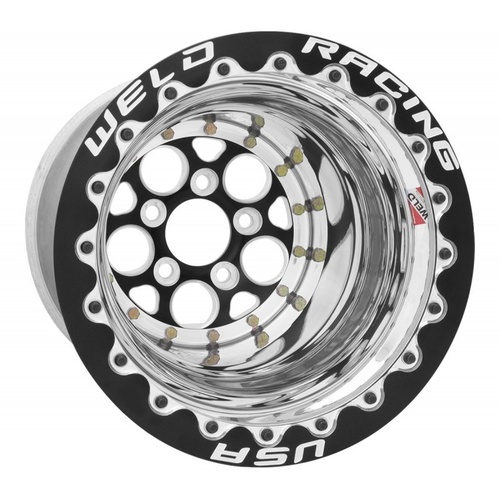 WELD Wheel, Magnum, 15x10 Size, 5x4.5 Bolt Pattern, 4 in. Backspace, Black Center, Polished Shell, Black DBL, Each