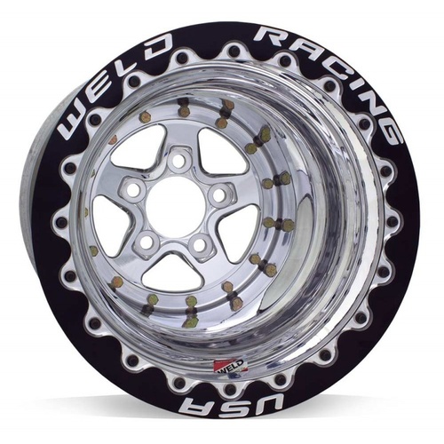 WELD Wheel, Alumastar, 15x10 Size, 5x4.5 Bolt Pattern, 3 in. Backspace, Polished Center, Polished Shell, Black DBL, Each