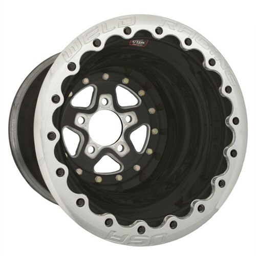 WELD Wheel, Alumastar, 15x14 Size, 5x4.5 Bolt Pattern, 5 in. Backspace, Polished Center, Polished Shell, Black SBL, Each
