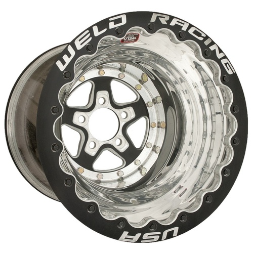 WELD Wheel, Alumastar, 15x10 Size, 5x4.5 Bolt Pattern, 3 in. Backspace, Black Center, Polished Shell, Black DBL, Each