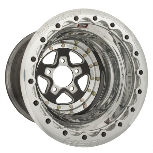 WELD Wheel, Alumastar, 15x10 Size, 5x4.5 Bolt Pattern, 6 in. Backspace, Black Center, Polished Shell, Polished DBL, Each