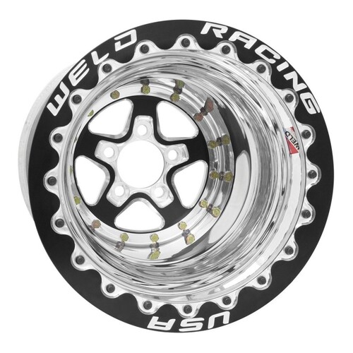WELD Wheel, Drag Rear, Alumastar, 15x10 Size, 5x4.5 Bolt Pattern, 4 Backspace, Black Center, Polished Shell, Each